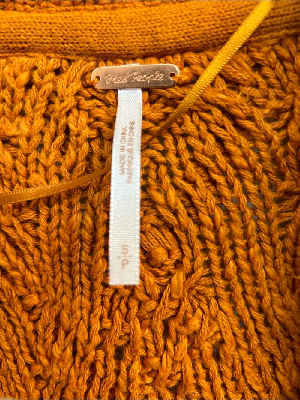 Free People Chunky Cable Knit Cardigan - Pumpkin Orange with Cream Trim - Picture 2 of 3